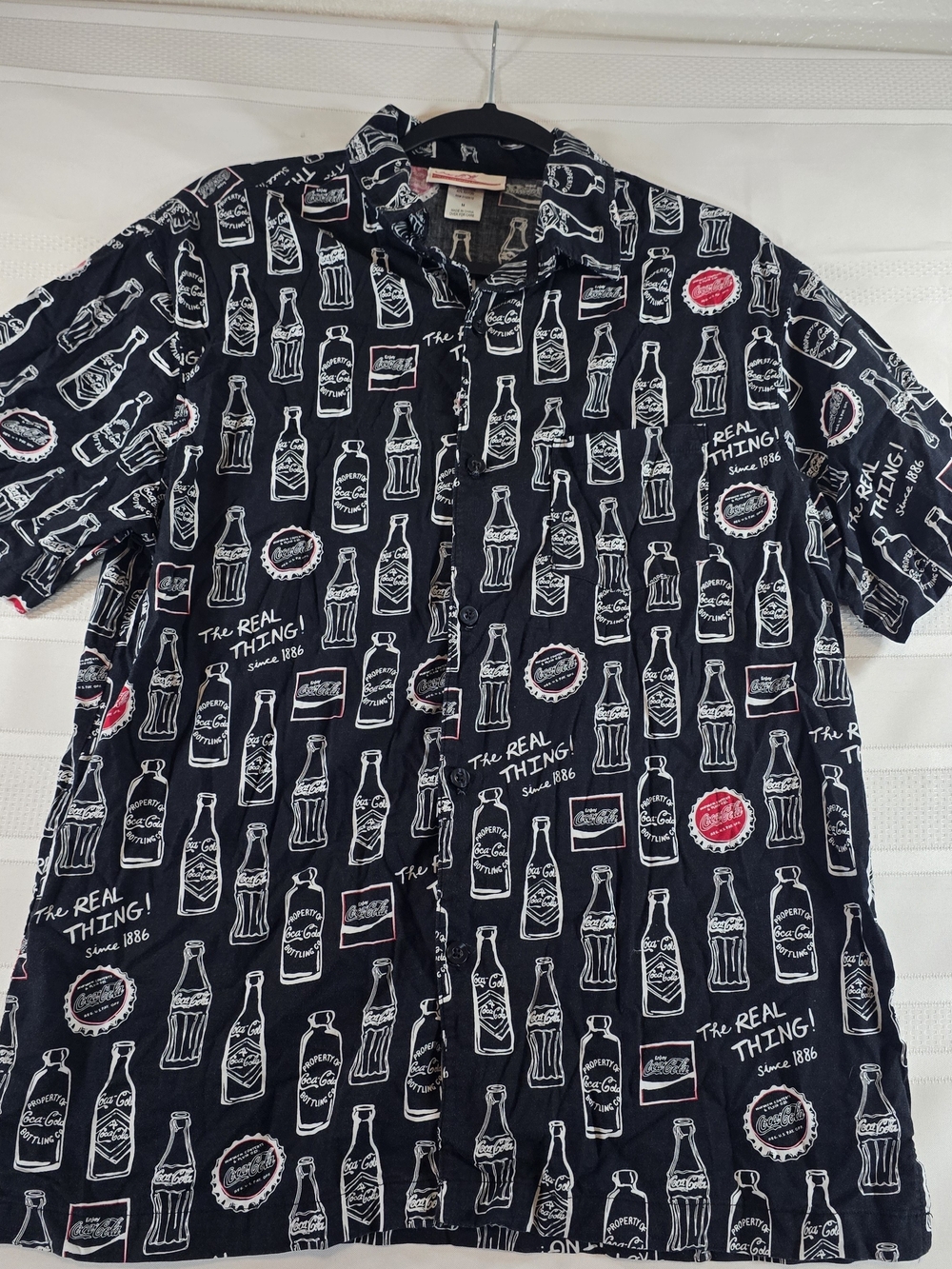 Coca Cola Black Short-Sleeve Button-Up Shirt with Bottle Print